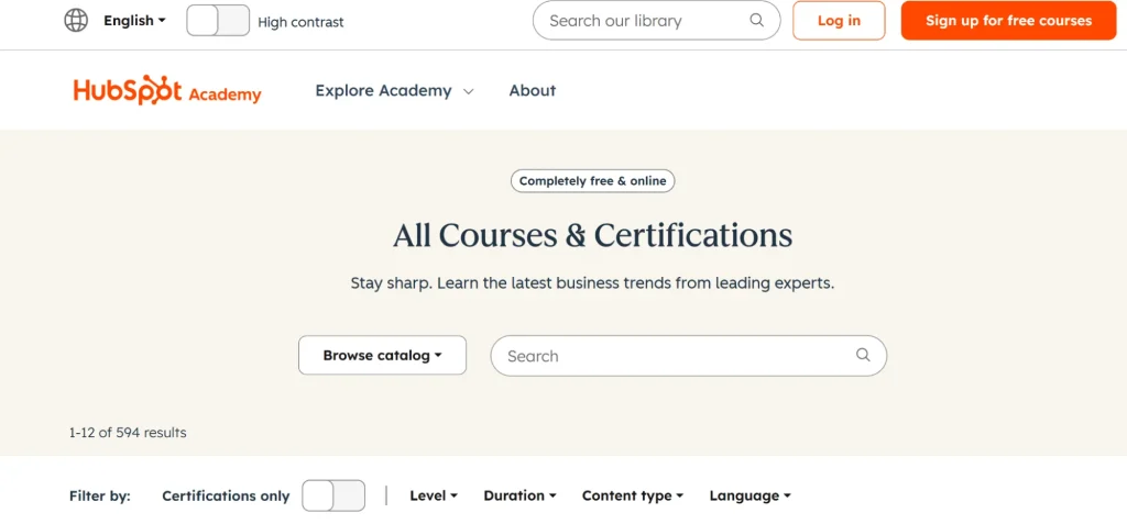HubSpot Academy Homepage