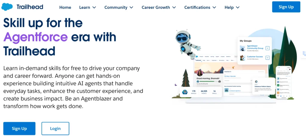 Trailhead webpage promoting skills development for the 'Agentforce' era, featuring an AI robot illustration, navigation menu, and sign-up options."