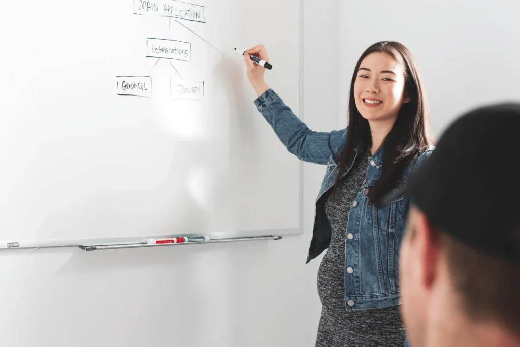 Smiling woman presenting application integration diagram on whiteboard.