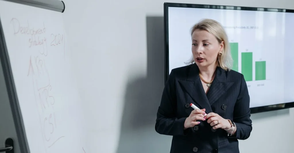 Professional woman presenting growth strategy charts during business consultation meeting.