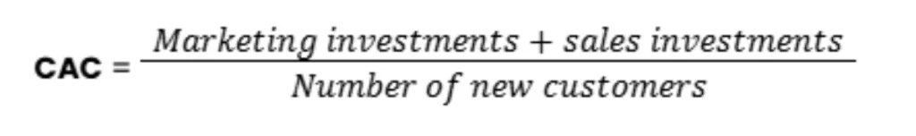 Equation for Customer Acquisition Cost (CAC) showing formula as marketing plus sales investments divided by the number of new customers..