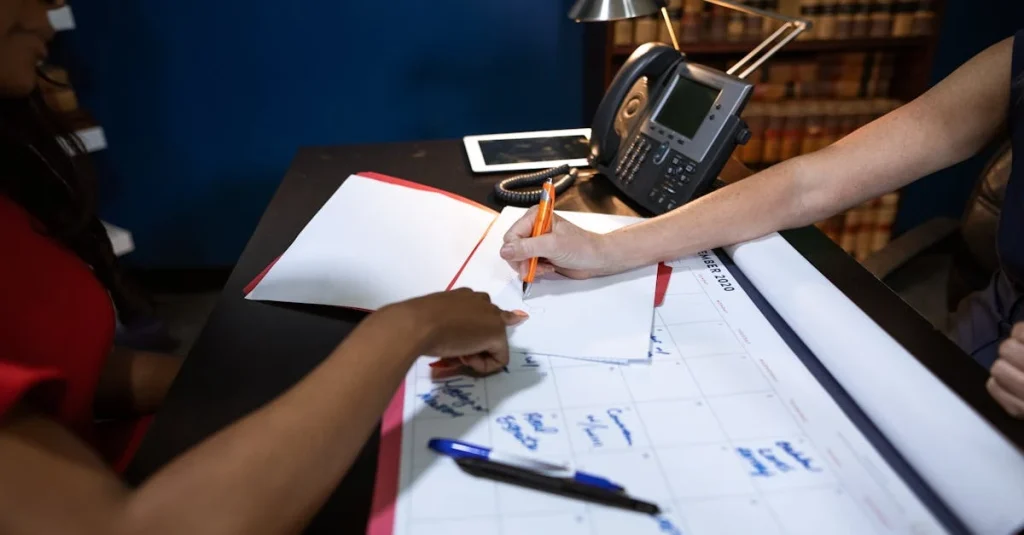 Customer acquisition consultant reviewing strategy notes and planning session with laptop and desk lamp in office setting.