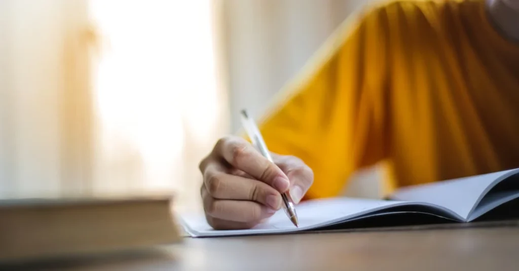 Person in yellow shirt writing in notebook during content marketing audit planning session by window.