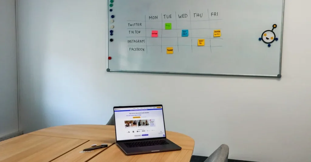 Whiteboard planning organic content marketing strategy with sticky notes organized by weekday and social media platform.